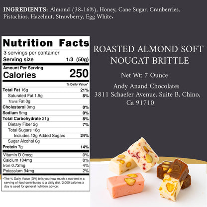 Andy Anand Roasted Almond Soft Nougat Brittle, 28 pc, 7 oz – European Turron Style, Gluten-Free, All-Natural, Birthday & Holiday Gift Box